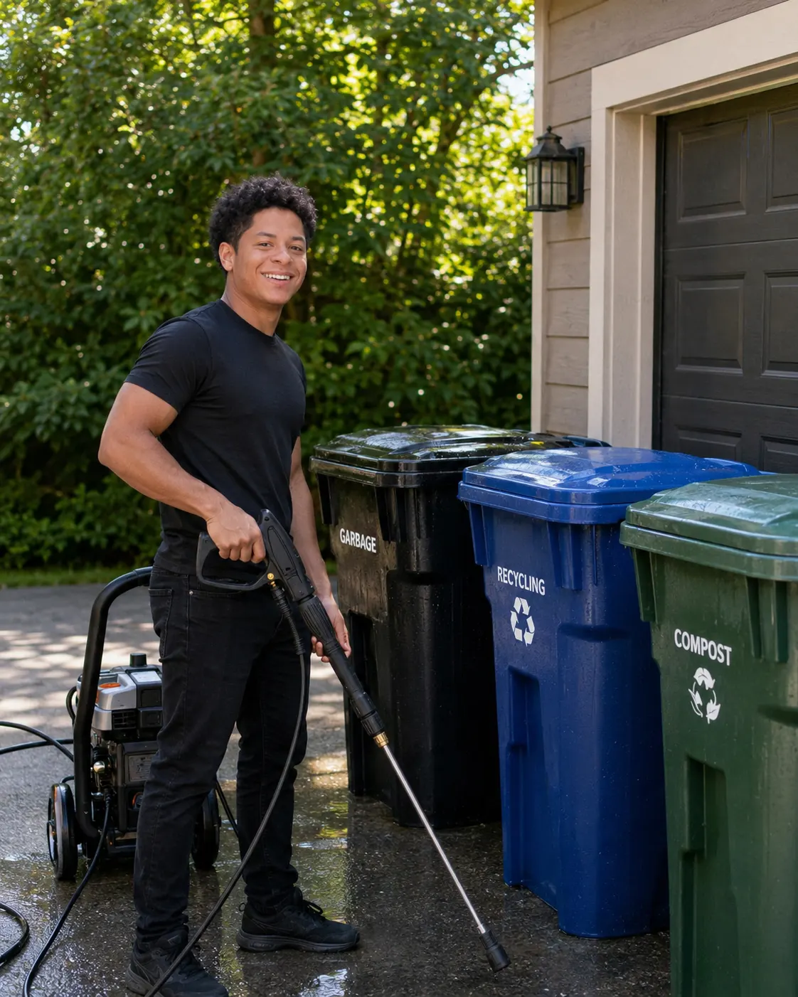 Dash cleaning residential trash, recycling, and compost cans
